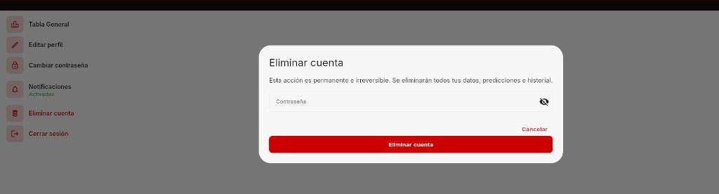 Pantalla de perfil de Quiniela Sky con el diálogo Eliminar cuenta, campo de contraseña y botones Cancelar y Eliminar cuenta